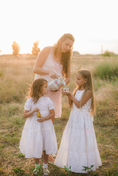 A beautiful young pregnant mother with blond hair with two daughters in white dresses pours milk for children in a field in the summer at sunset. Happy pregnancy. The large family. Family and Children - Photo, image