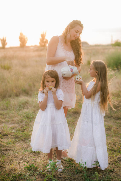 A beautiful young pregnant mother with blond hair with two daughters in white dresses pours milk for children in a field in the summer at sunset. Happy pregnancy. The large family. Family and Children - Foto, immagini
