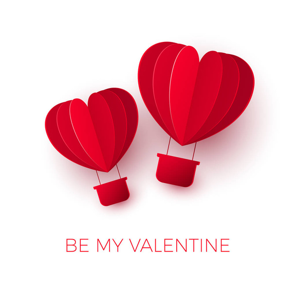 Valentine`s day with paper cut red heart shape air balloon. Couple Balloons flies. Be my Valentine illustration. Vector - Vector, Image