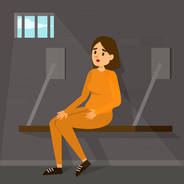 Sad woman sitting in prison. Person in orange clothing locked - Vector, Image