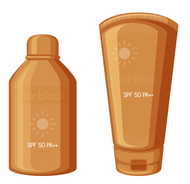 Sunscreen lotions in orange bottle and tube - Vector, Image