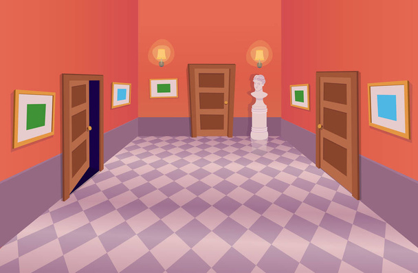 Внутренняя винтажная комната с дверями и бюстом Венеры. Векторная иллюстрация мультипликационного коридора
. - Вектор,изображение