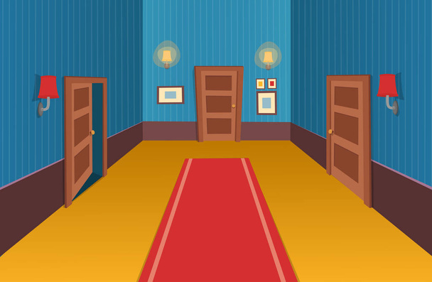 Wnętrze pokoju z drzwiami, lampą i malowidłami Wektor ilustracja korytarza kreskówki. - Wektor, obraz