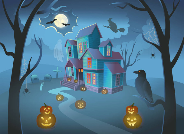 Strašidelný dům s dýněmi, čarodějnice na koštěti, pavouci, vrána a duch. Vektorová ilustrace ve stylu karikatury. - Vektor, obrázek