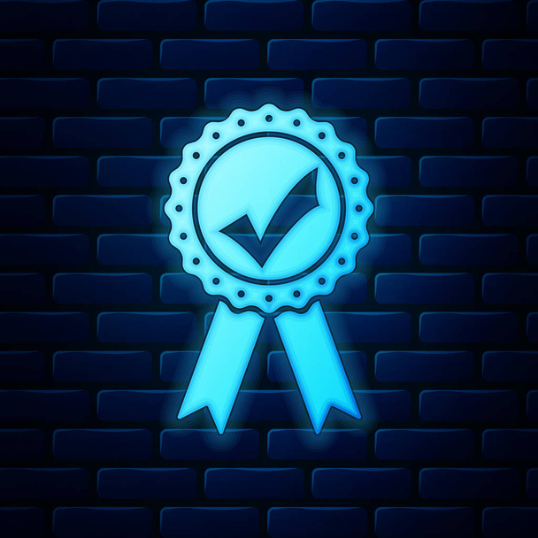 Glowing neon Approved or certified medal with ribbons and check mark icon isolated on brick wall background. Vector Illustration - Vector, Image