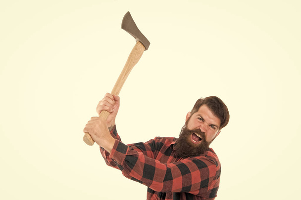 Destructive energy. Brutal lumberjack. Cutting wood. Sharp blade. Danger concept. Brutality and masculinity. Bearded lumberjack. Lumberjack style. Man with axe. Bearded man hold axe isolated on white - Foto, Imagen