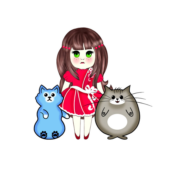Kawaii κορίτσι σε ένα κόκκινο φόρεμα με γάτες Kawaii - Φωτογραφία, εικόνα