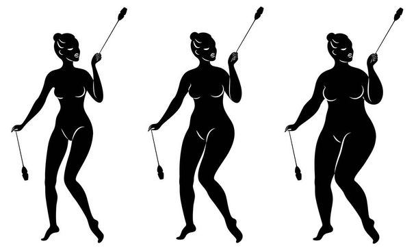 Collection. Silhouette of a cute lady, she does rhythmic gymnastics with clubs. The woman is overweight. Slender girl athlete. Vector illustration set - Vector, Image