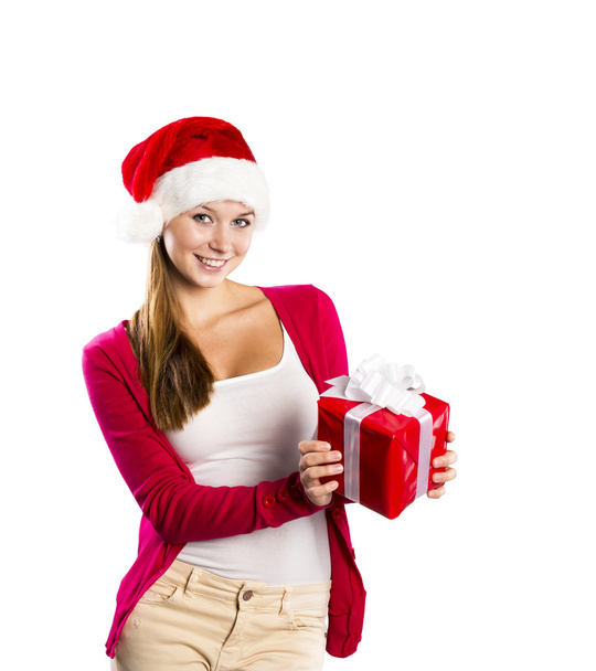 Beautiful christmas woman with gift - Фото, изображение