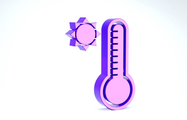 Thermomètre météorologique violet mesurant la chaleur et l'icône froide isolé sur fond blanc. Équipement de thermomètre montrant le temps chaud ou froid. Illustration 3D rendu 3D
 - Photo, image