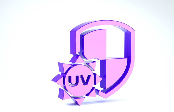 Icône de protection UV violet isolée sur fond blanc. Soleil et bouclier. Rayonnement ultraviolet. Panneau solaire SPF. Illustration 3D rendu 3D
 - Photo, image