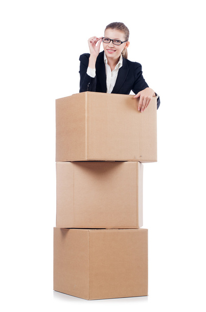 Woman businesswoman with boxes on white - Photo, image