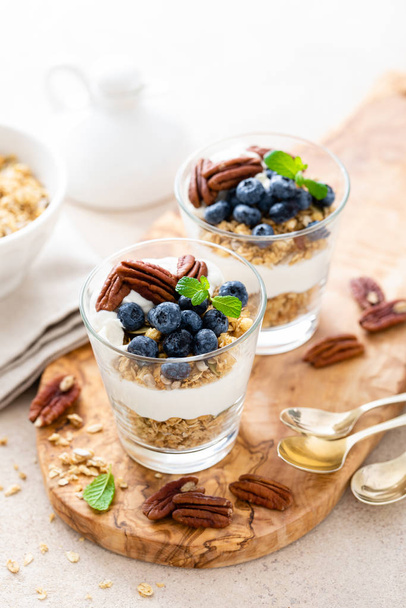 Blueberry layered parfait with ricotta cheese, granola and pecan nuts - Фото, изображение