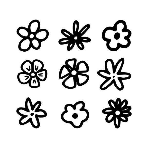 Hand Drawn Cute Flower on Stem. Clip Art, Black and White Stylized