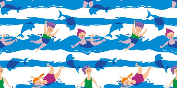 nahtlose Muster mit Frauen und Delfinen. Meeresschwimmen. Der Sommer badet im Ozean. flachen Stil. Vektorillustration - Vektor, Bild