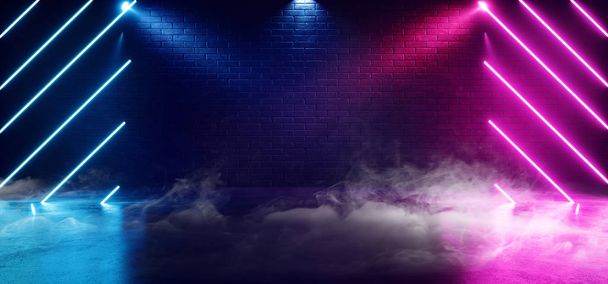 Smoke Neon Laser Purpurowe niebieskie świecące linie Spot Lights On St. - Zdjęcie, obraz