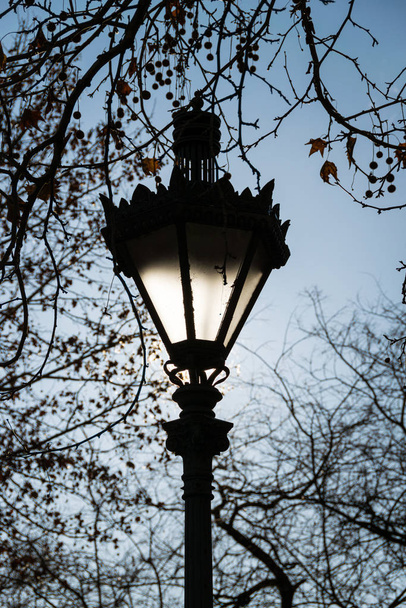 Stara lampa uliczna na Placu Wolności w stolicy Węgier w ciągu dnia. - Zdjęcie, obraz