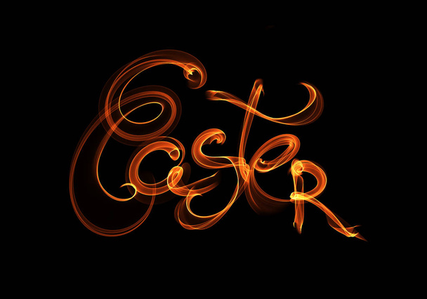 Happy Easter background written by fire flame or smoke. Invitation illustration greeting card, ad, promotion, poster, flyer, web-banner, article, social media - Zdjęcie, obraz