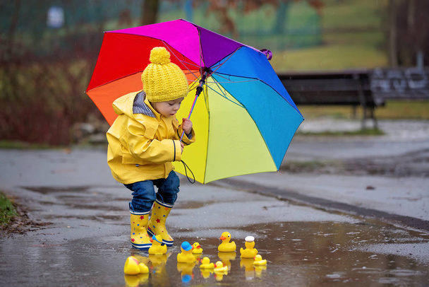 Beautiful funny blonde toddler boy with rubber ducks and colorfu - Zdjęcie, obraz