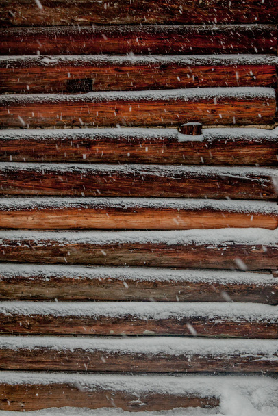 closeup background of old wood planks under snow - 写真・画像