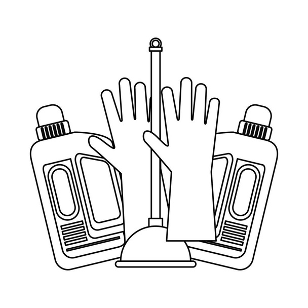 Zestaw urządzeń i produktów czyszczących w czerni i bieli - Wektor, obraz