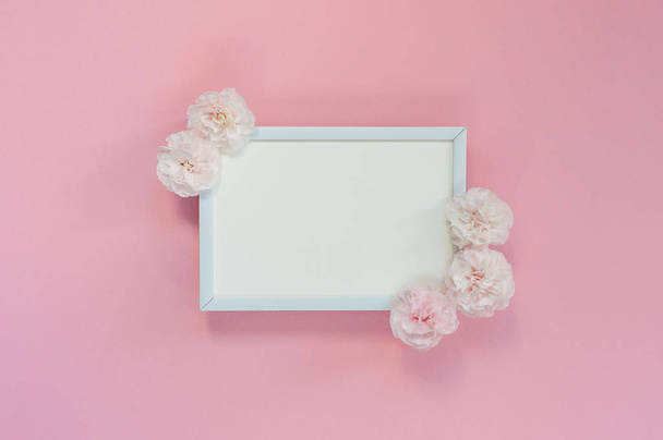 Colocação plana - quadro em branco branco com cravos rosa em umas costas cor-de-rosa
 - Foto, Imagem