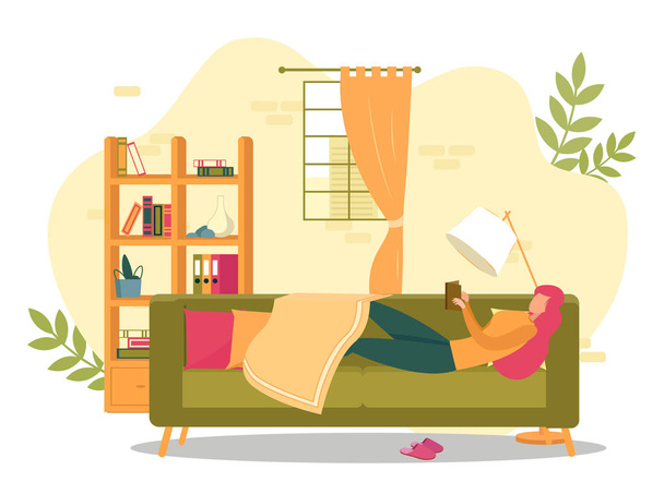 Γυναίκα ξαπλωμένη στον καναπέ με ανάγνωση βιβλίων στο σπίτι - Διάνυσμα, εικόνα