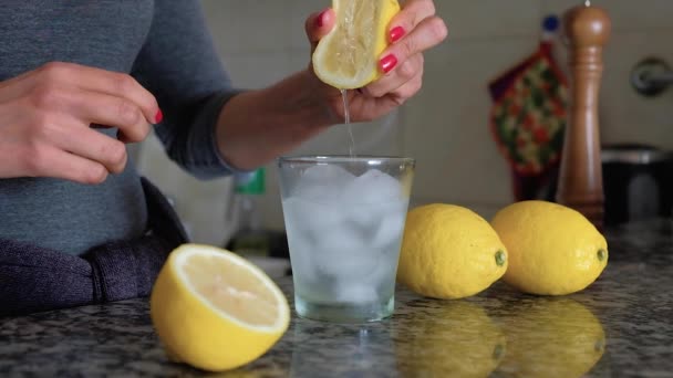スローモーションの女性の手の水と氷のキューブでガラスにレモンを絞る - 映像、動画