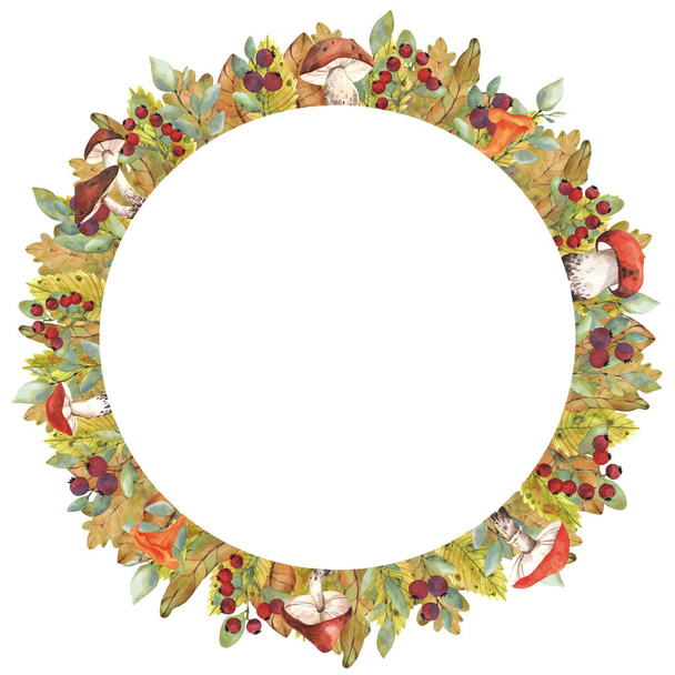 Autumn wreath with watercolor berries, mushrooms, twigs and autumn leaves of different colors and sizes and shapes for the design of postcards, textiles, fabrics, printing and any design - Фото, зображення