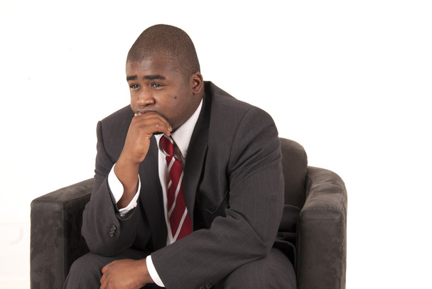 African American model in gray business suit red striped tie loo - Foto, imagen
