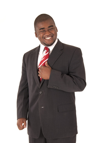 Black model in businessman in gray suit and red striped tie - Photo, Image
