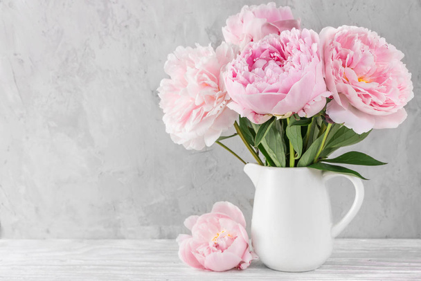 pink peony flowers bouquet on white background with copy space. still life. womens day or wedding concept - Foto, afbeelding