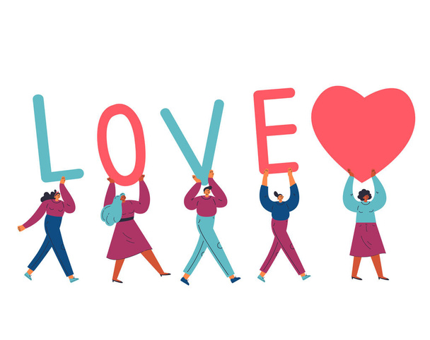 Groep van verschillende jonge zelfverzekerde vrouwen en mannen dragen letters Liefde en reusachtig hart.Template ontwerp voor Valentijnsdag Love text.Cartoon karakters.Kleurrijke vector illustratie op wite achtergrond. - Vector, afbeelding