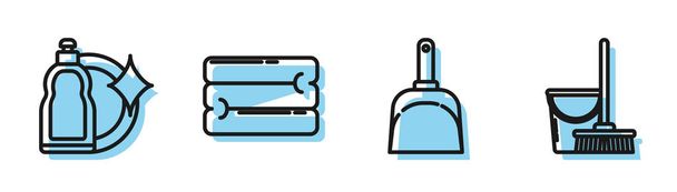Állítsa be a vonal Dustpan, Műanyag palackok folyékony mosogatószer, Törülköző verem és felmosó és vödör ikon. Vektor - Vektor, kép