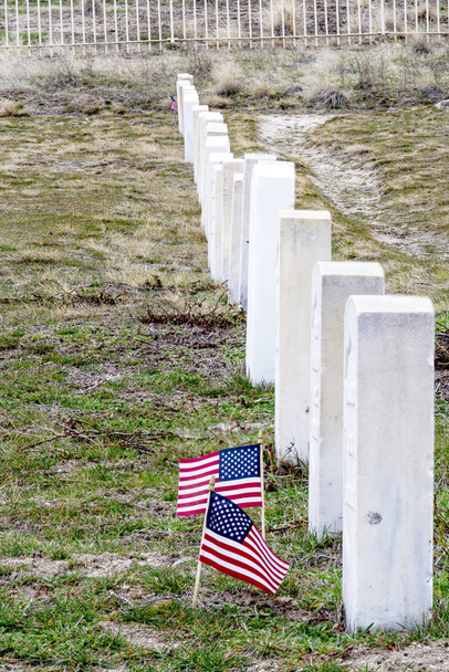 Samll American Flaggs bir askeri mezarlıkta rüzgarda savruluyor. - Fotoğraf, Görsel