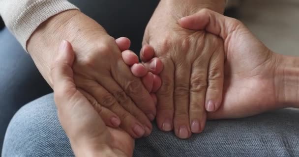 Fiatal nő fogja idős nő kezét így támogatási koncepció, közelről - Felvétel, videó