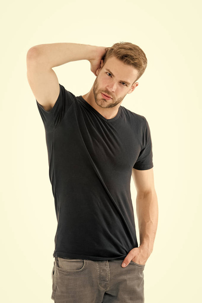 perfection. male fashion. sexy man isolated on white background. unshaven muscular man. handsome macho. male fashion and beauty. barbershop. guy in black shirt. casual style. Black fashion trend - Fotoğraf, Görsel