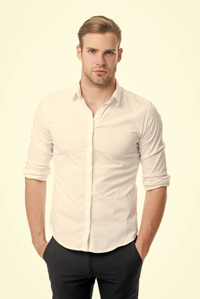 Guy handsome office worker. Working formal dress code. Menswear formal style. Clerical and middle chain management. White collar worker. Man well groomed formal elegant shirt white background - Photo, Image