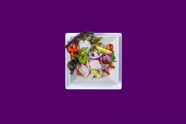 Asian Thai food on white plates with purple background with copy - Fotoğraf, Görsel