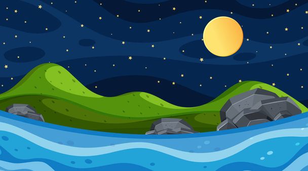 Nature scene with river and fullmoon - Vector, imagen