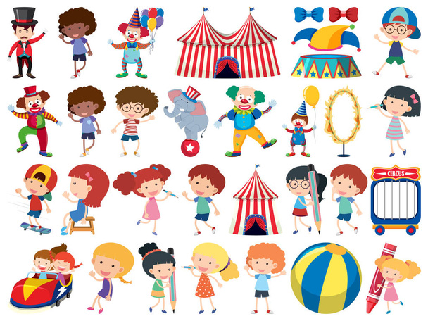 Grote set geïsoleerde objecten van kinderen en circus - Vector, afbeelding