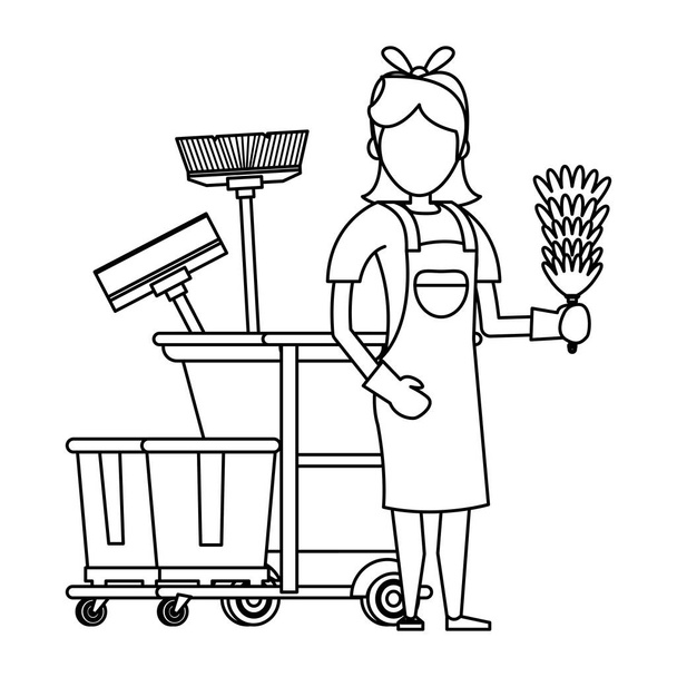 Trabalhador mais limpo com produtos de limpeza e equipamentos em preto e branco
 - Vetor, Imagem