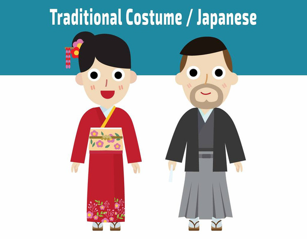 Japón hombre mujer gente carácter. Traje tradicional nacional de ropa de vestir. ilustración de dibujos animados vector plano
 - Vector, Imagen