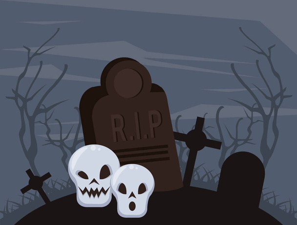 ハロウィーンの暗いシーン墓地の頭蓋骨 - ベクター画像