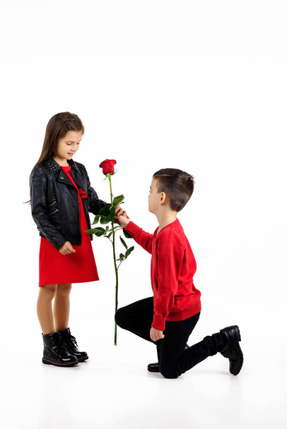 little boy giving a red rose to child girl - Fotó, kép