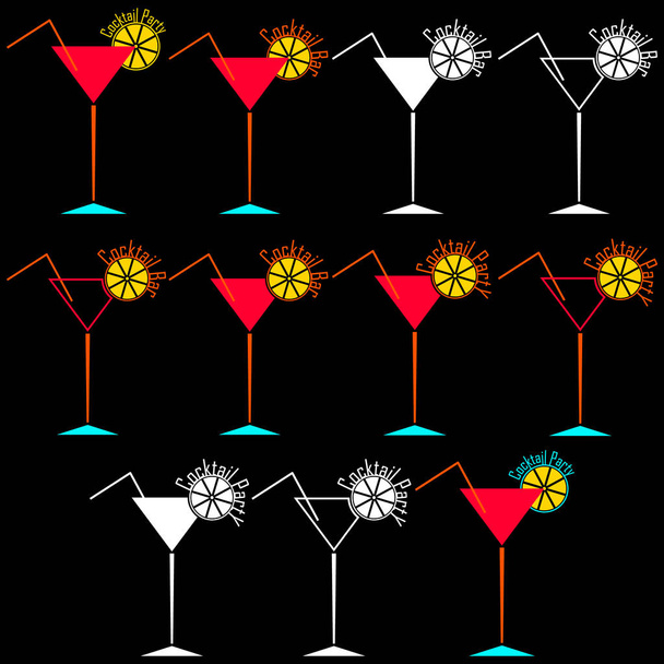 Set de martini y copa de cóctel con paja para beber y rebanada de cítricos, limon, lima sobre fondo negro. Iconos con texto. Ilustraciones aisladas vectoriales de bebidas alcohólicas. - Vector, Imagen