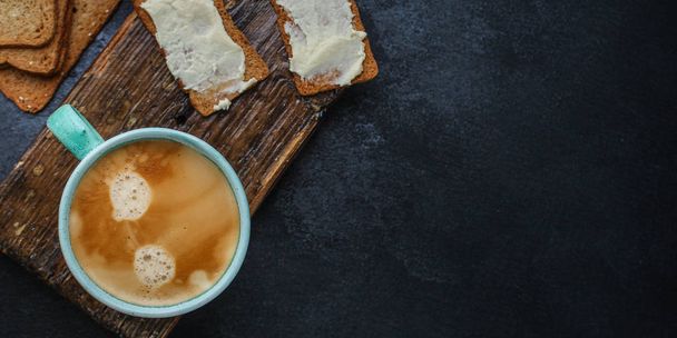 healthy breakfast coffee and sandwich,(delicious snack) menu concept. food background. top view. copy space - Foto, imagen