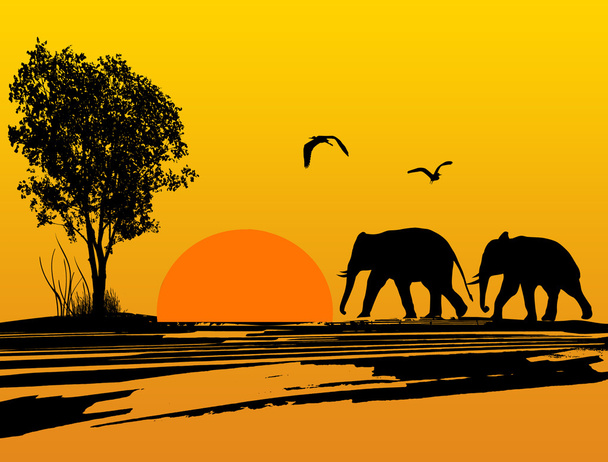 σιλουέτα ελεφάντων στην Αφρική - Διάνυσμα, εικόνα