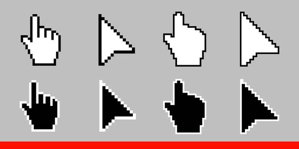 Musta ja valkoinen nuoli pikseli ja pikseli hiiren käsi kursorit kuvake
 - Vektori, kuva
