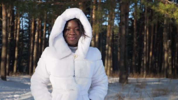 Αφροαμερικανή ποζάρει στα δέντρα στο χειμερινό πάρκο - Πλάνα, βίντεο